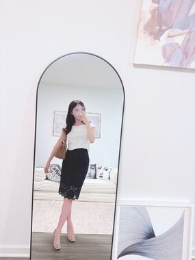 Lace Midi Skirt Navy Blue High Waist Pencil Elegant